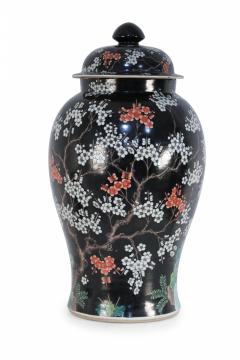 Chinese Black and White Cherry Blossom Tree Motif Porcelain Jar - 4408534