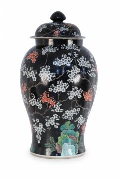 Chinese Black and White Cherry Blossom Tree Motif Porcelain Jar - 4408535