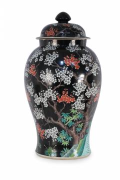 Chinese Black and White Cherry Blossom Tree Motif Porcelain Jar - 4408538
