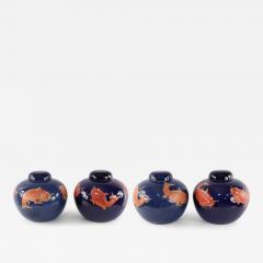 Chinese Blue and Orange Fish Design Round Lidded Porcelain Jars - 4412637