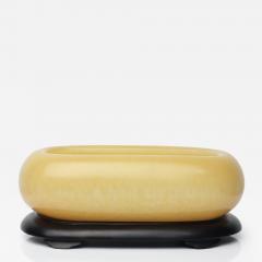 Chinese Carved Yellow Jade Brush Washer on Wood Stand China - 4419647