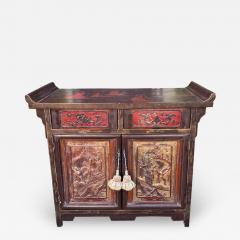 Chinese Chinoiserie Carved Scenic Temple Altar Cabinet Buffet or Nightstand - 1942960
