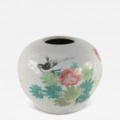 Chinese Cream and Botanical Design Round Porcelain Vase - 4412632
