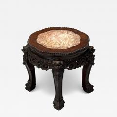 Chinese Export Carved Hardwood Table Marble Low Pedestal China 1930s - 4159324