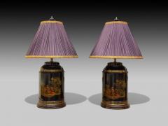 Chinese Export Chinoiserie Black Metal Canister Lamps Silk Shades 1960s - 4084568