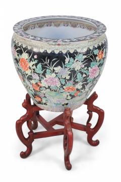 Chinese Floral Porcelain Planter With Wooden Stand - 4520467