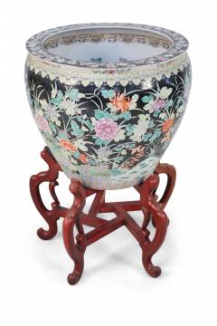 Chinese Floral Porcelain Planter With Wooden Stand - 4520468
