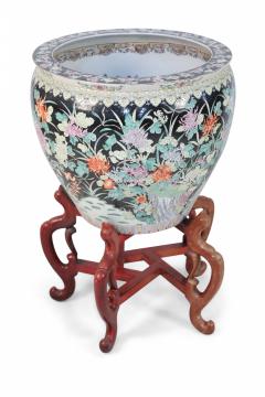Chinese Floral Porcelain Planter With Wooden Stand - 4520469