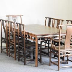 Chinese Hard Wood Dining Table Eight Matching Chairs all with Stylized Carving - 4192934