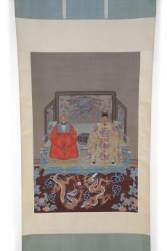 Chinese Ming Dynasty Style Paper and Silk King and Queen Portrait Hanging Scroll - 4670953
