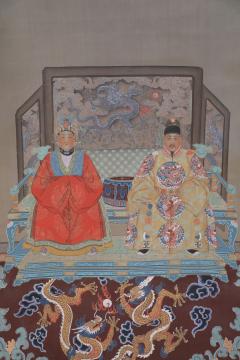 Chinese Ming Dynasty Style Paper and Silk King and Queen Portrait Hanging Scroll - 4670954