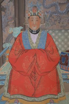 Chinese Ming Dynasty Style Paper and Silk King and Queen Portrait Hanging Scroll - 4670956