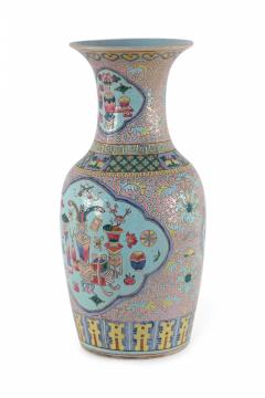 Chinese Pink Floral and Blue Cartouche Porcelain Urn - 4200765
