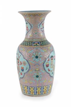 Chinese Pink Floral and Blue Cartouche Porcelain Urn - 4200766