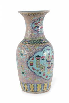 Chinese Pink Floral and Blue Cartouche Porcelain Urn - 4200767
