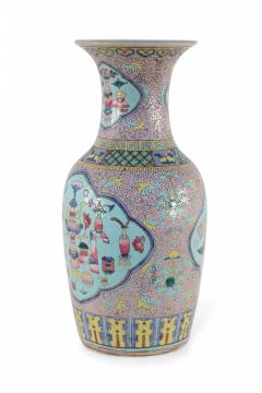 Chinese Pink Floral and Blue Cartouche Porcelain Urn - 4200769