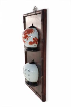 Chinese Porcelain Foo Dog Split Vase Wooden Wall Plaque - 4200544