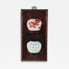 Chinese Porcelain Foo Dog Split Vase Wooden Wall Plaque - 4263167