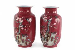Chinese Qing Dynasty Style Red and Floral Magpie Motif Porcelain Sleeve Vases - 4198296