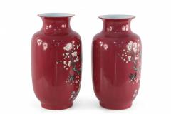 Chinese Qing Dynasty Style Red and Floral Magpie Motif Porcelain Sleeve Vases - 4198299
