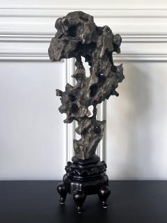 Chinese Scholar Rock Black Taihu Stone on Wood Stand - 2933732