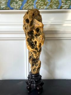 Chinese Scholar Rock Yellow Taihu Stone on Wood Stand - 2589389