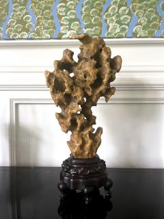 Chinese Scholar Rock Yellow Taihu Stone on Wood Stand - 3077167