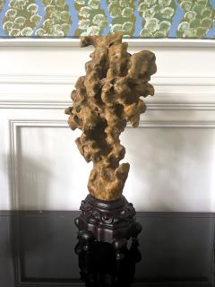 Chinese Scholar Rock Yellow Taihu Stone on Wood Stand - 3077168