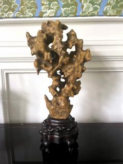 Chinese Scholar Rock Yellow Taihu Stone on Wood Stand - 3077169