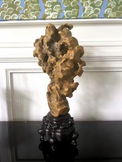 Chinese Scholar Rock Yellow Taihu Stone on Wood Stand - 3077170