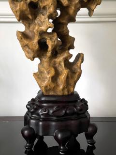 Chinese Scholar Rock Yellow Taihu Stone on Wood Stand - 3077173