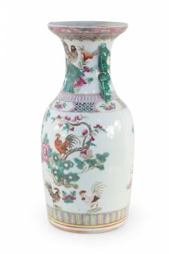 Chinese White Green and Pink Floral and Rooster Design Porcelain Urn - 4198315