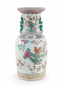 Chinese White Green and Pink Floral and Rooster Design Porcelain Urn - 4198318