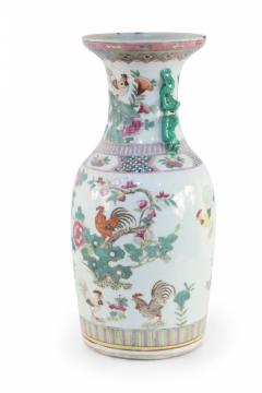 Chinese White Green and Pink Floral and Rooster Design Porcelain Urn - 4198319
