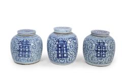 Chinese White and Blue Character Lidded Ginger Jar Vases - 4672362