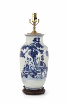 Chinese White and Blue Gaming Scene Table Lamp - 4170990