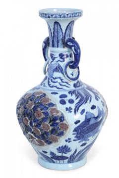 Chinese White and Blue Raised Rose Bush Design Porcelain Vase - 4408830
