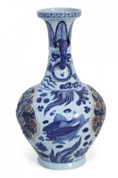 Chinese White and Blue Raised Rose Bush Design Porcelain Vase - 4408831