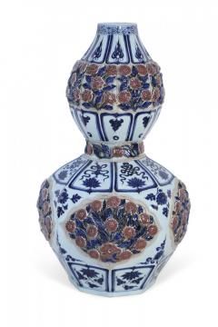Chinese White and Blue and Raised Rose Design Double Gourd Porcelain Vase - 4408845