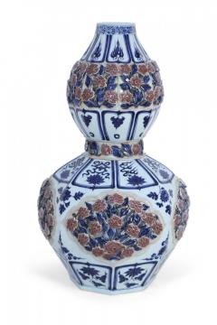 Chinese White and Blue and Raised Rose Design Double Gourd Porcelain Vase - 4408846