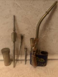 Chinese cloisonne opium pipe with utensils - 4666509