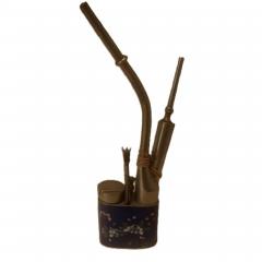 Chinese cloisonne opium pipe with utensils - 4695028