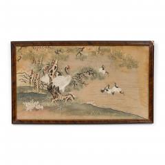 Chinese silk embroidery of herons on land and lake in a mahogany frame - 4709348