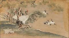 Chinese silk embroidery of herons on land and lake in a mahogany frame - 4709408