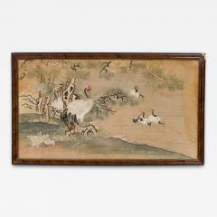 Chinese silk embroidery of herons on land and lake in a mahogany frame - 4709409