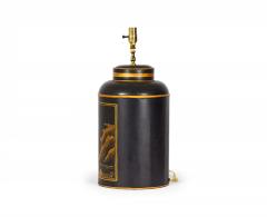 Chinoiserie Black and Gold Landscape Hand Painted Tole Tea Caddy Table Lamp - 4170810
