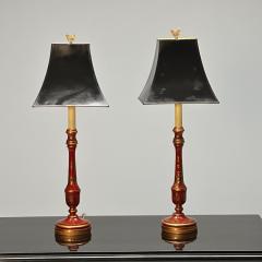 Chinoiserie Table Desk Lamps Red Jappanned Wood Giltwood 1940s - 3445336