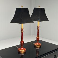 Chinoiserie Table Desk Lamps Red Jappanned Wood Giltwood 1940s - 3445337