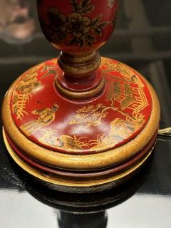 Chinoiserie Table Desk Lamps Red Jappanned Wood Giltwood 1940s - 3445344