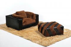 Chocolate Shearling Black Cowhide Zig Zag Ottoman by Interior Motives - 4455314